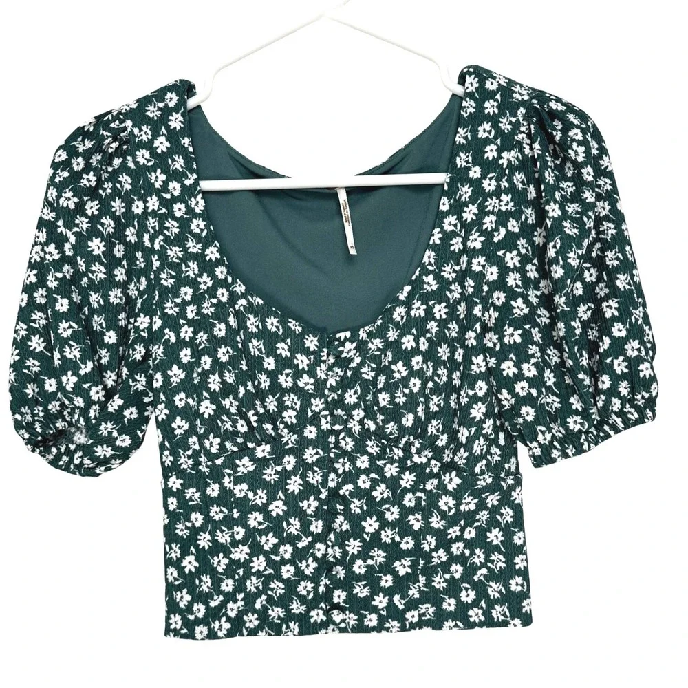 Free People Daisy Chain Top Forest Green Floral Puff Sleeve Square Neck XS